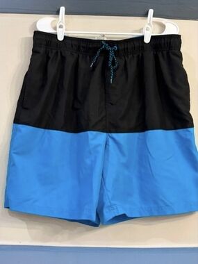 Faded Glory Men's Black/Bright Blue Colorblock Swim Board Shorts-XL(40/42) EUC